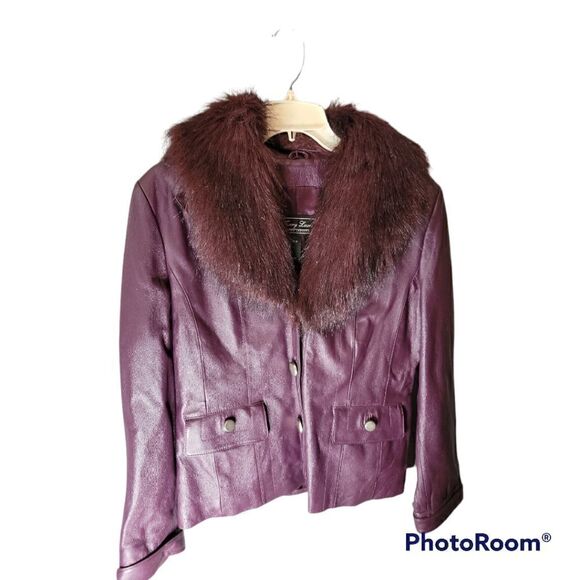 Vintage Terry Lewis Genuine Leather Faux Fur Collar Coat Size Extra Small